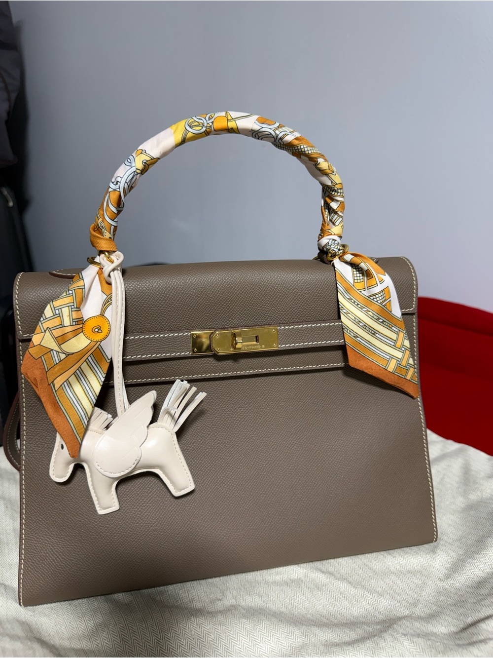 Hand Stitched Taupe Leather Handbag with Gold Hardware 18K .
